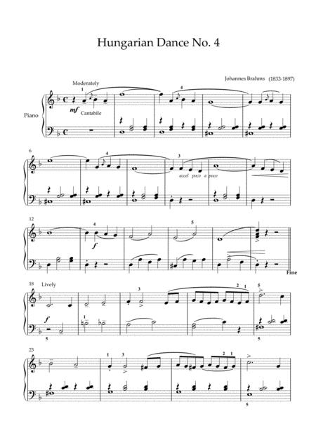 Brahms Hungarian Dance No 4 Easy Piano Arrangement Sheet Music