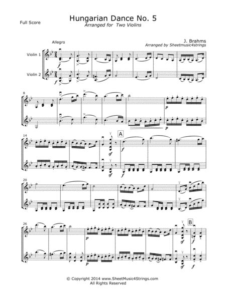 Free Sheet Music Brahms Hungarian Dance No 5 Duo For Two Violins