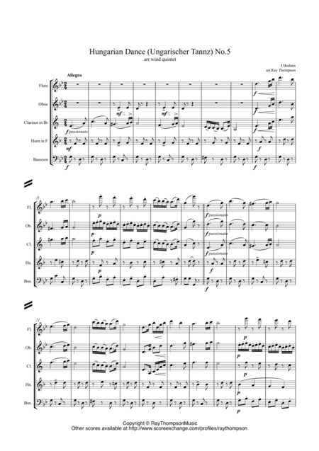 Brahms Hungarian Dance Ungarischer Tannz No 5 Wind Quintet Sheet Music