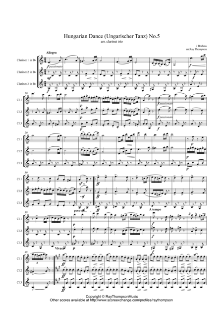 Free Sheet Music Brahms Hungarian Dance Ungarischer Tanz No 5 Clarinet Trio