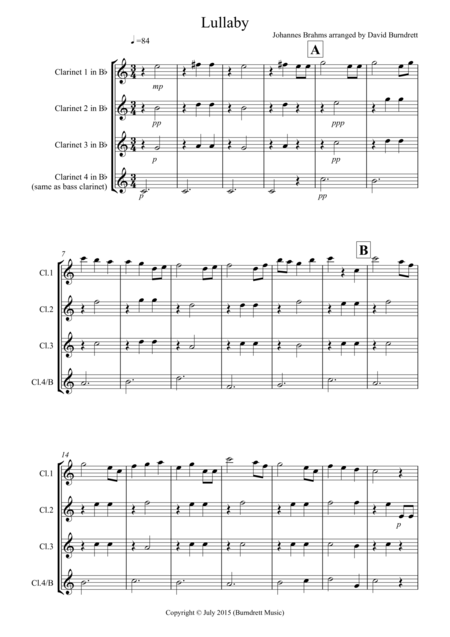 Brahms Lullaby For Clarinet Quartet Sheet Music