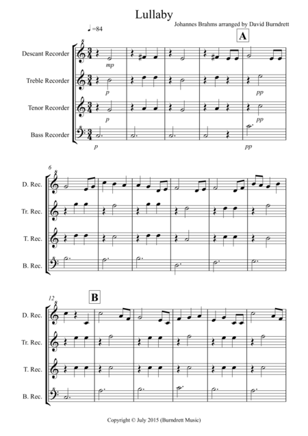 Brahms Lullaby For Recorder Quartet Sheet Music