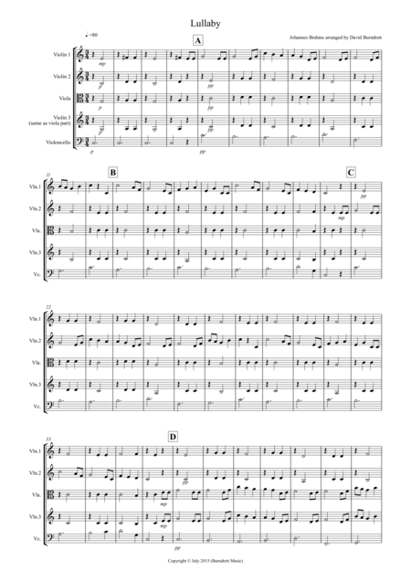 Brahms Lullaby For String Quartet Sheet Music