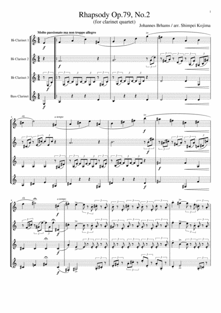 Brahms Rhapsody Op 79 No 2 For Clarinet Quartet Sheet Music