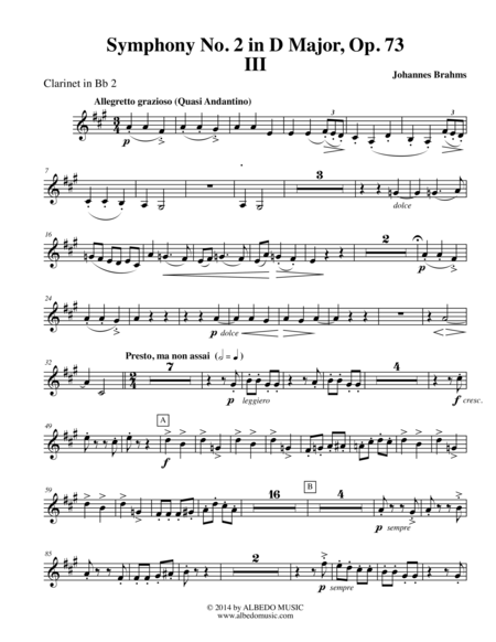 Free Sheet Music Brahms Symphony No 2 Movement Iii Clarinet In Bb 2 Transposed Part Op 73