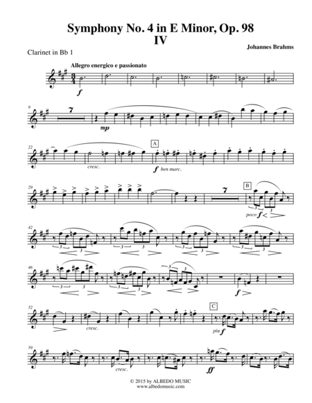 Free Sheet Music Brahms Symphony No 4 Movement Iv Clarinet In Bb 1 Transposed Part Op 98