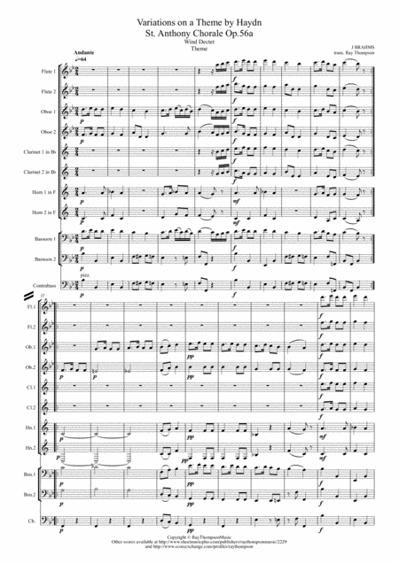 Brahms Variations On A Theme By Haydn St Anthony Chorale Op 56a Complete Wind Dectet Decet Opt Double Bass Sheet Music