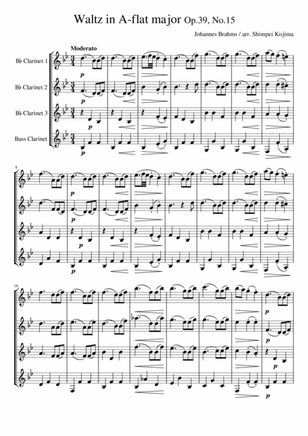 Brahms Waltz Op 39 No 15 For Clarinet Quartet Sheet Music