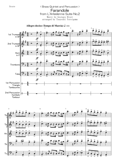 Free Sheet Music Brass Quintet And Percussion Farandole From L Arleslenne Suite No 2