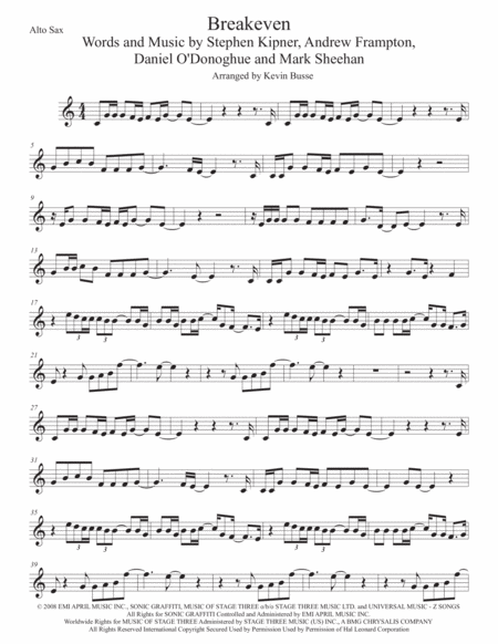 Breakeven Alto Sax Easy Key Of C Sheet Music