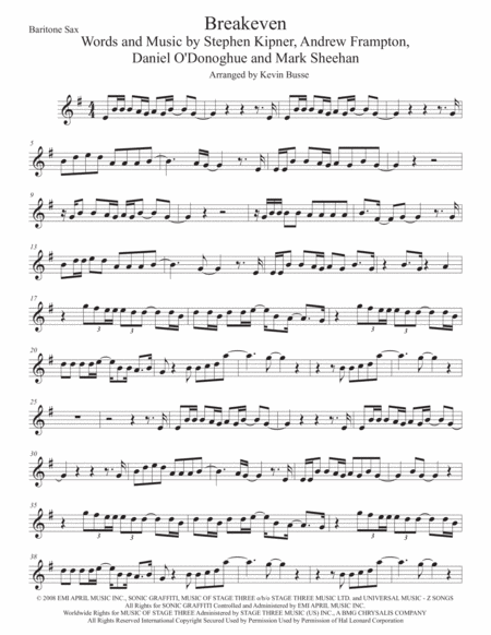 Breakeven Bari Sax Original Key Sheet Music