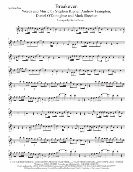 Breakeven Soprano Sax Original Key Sheet Music