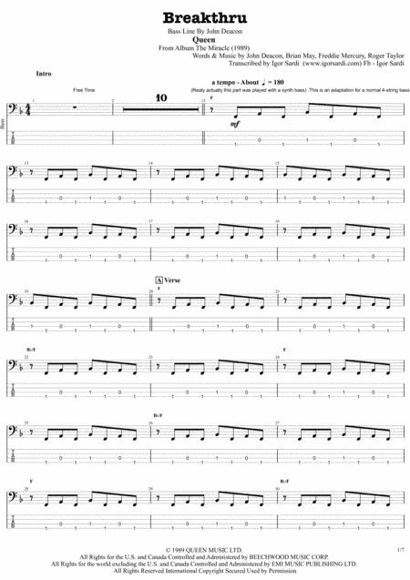 Free Sheet Music Breakthru Queen John Deacon Complete And Accurate Bass Transcription Whit Tab