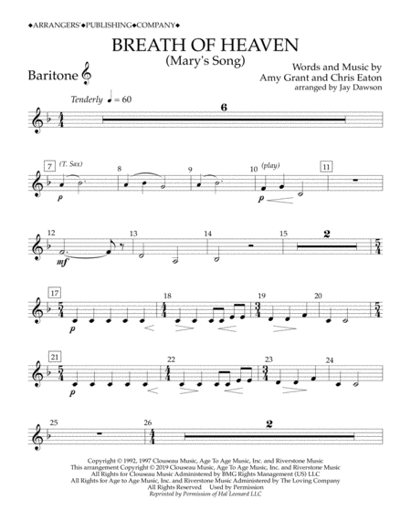 Breath Of Heaven Marys Song Arr Jay Dawson Baritonet C Sheet Music