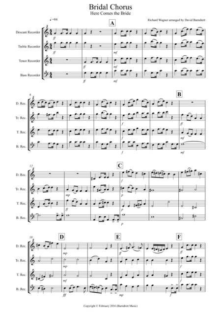 Free Sheet Music Bridal Chorus Here Comes The Bride For Recorder Quartet