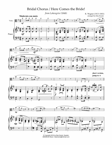 Bridal Chorus Here Comes The Bride For Viola And Easy Piano G Major Sheet Music