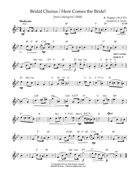 Bridal Chorus Here Comes The Bride Lead Sheet With Guitar Chords Bb Major Sheet Music