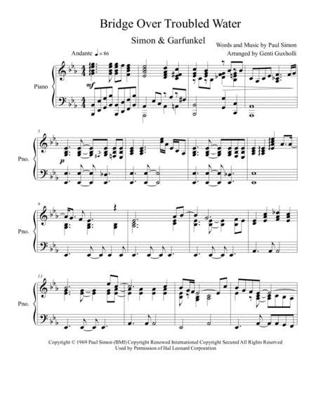 Bridge Over Troubled Water Piano Solo Sheet Music