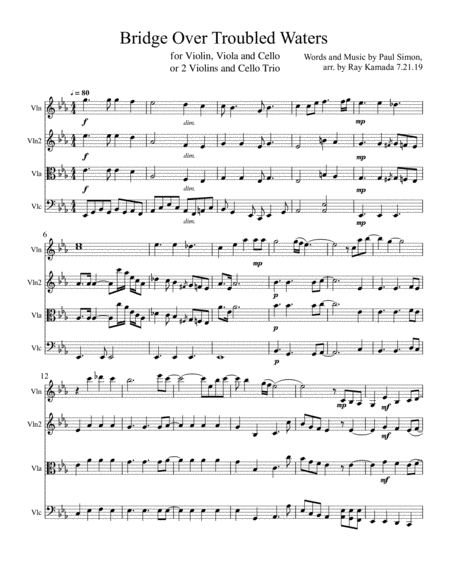 Free Sheet Music Bridge Over Troubled Waters For 2 Violins And Cello Or Violin Viola Cello Trio