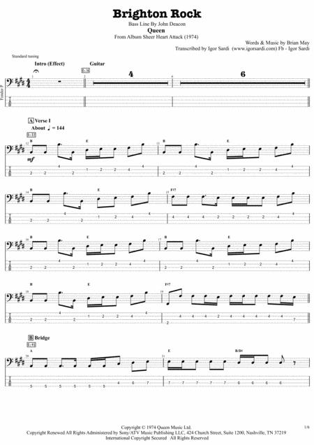 Brighton Rock Queen John Deacon Complete And Accurate Bass Transcription Whit Tab Sheet Music