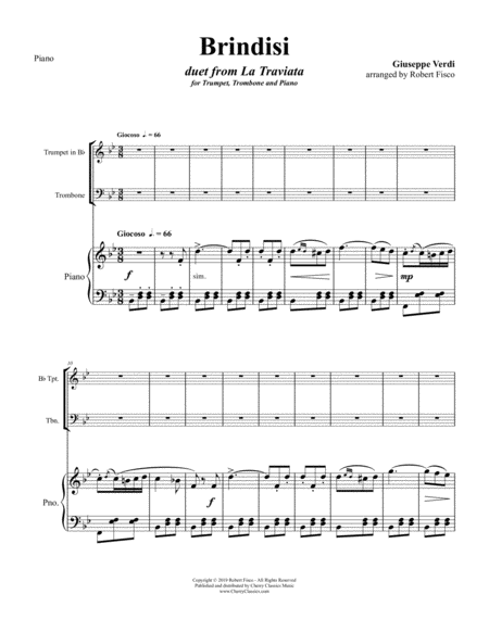 Brindisi Song Duet From La Traviata For Trumpet Trombone And Piano Accompaniment Sheet Music