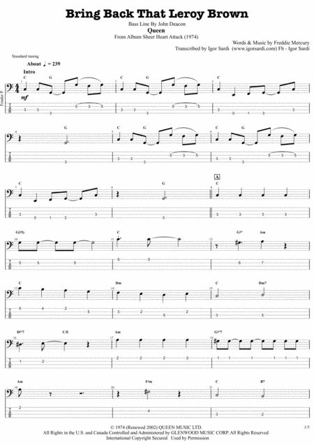 Bring Back That Leroy Brown Queen John Deacon Complete And Accurate Bass Transcription Whit Tab Sheet Music