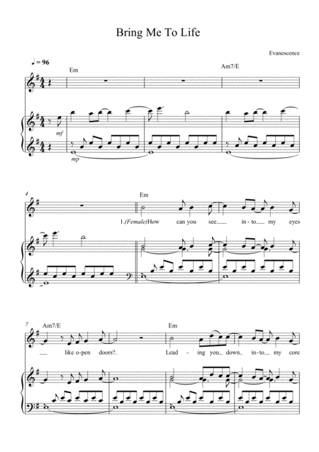 Bring Me To Life Evanescence For Piano And Voice With Guitar Chords Sheet Music