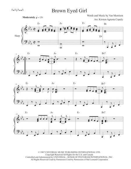 Brown Eyed Girl Harp Solo Arrangement Sheet Music