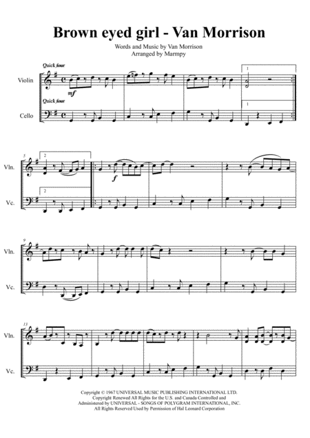 Free Sheet Music Brown Eyed Girl Van Morrison Arranged For String Duet