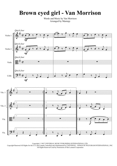 Free Sheet Music Brown Eyed Girl Van Morrison Arranged For String Quartet