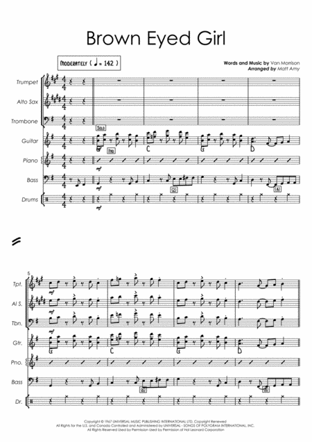 Brown Eyed Girl Vocal With 3 Horns And Rhythm Section Sheet Music