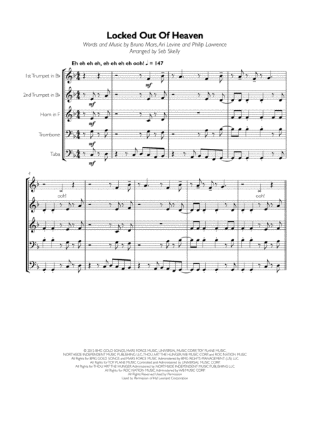 Bruno Mars Locked Out Of Heaven For Brass Quintet Sheet Music