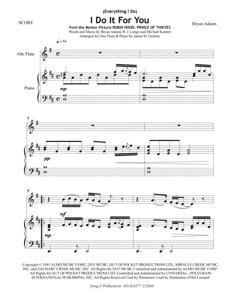 Bryan Adams Everything I Do I Do It For You For Alto Flute Piano Sheet Music