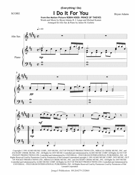 Bryan Adams Everything I Do I Do It For You For Alto Sax Piano Sheet Music