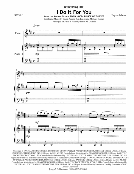 Bryan Adams Everything I Do I Do It For You For Flute Piano Sheet Music