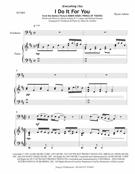 Bryan Adams Everything I Do I Do It For You For Trombone Piano Sheet Music