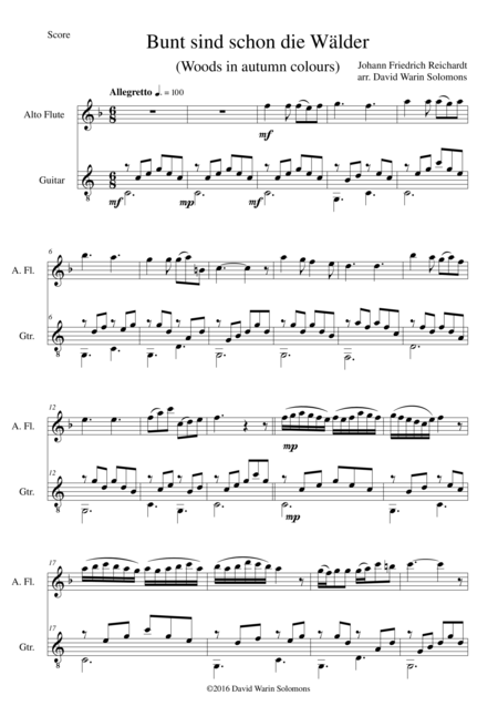 Free Sheet Music Bunt Sind Schon Die Wlder Woods In Autumn Colours For Alto Flute And Guitar