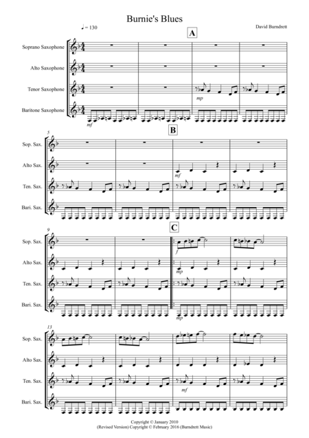 Burnies Blues For Saxophone Quartet Sheet Music