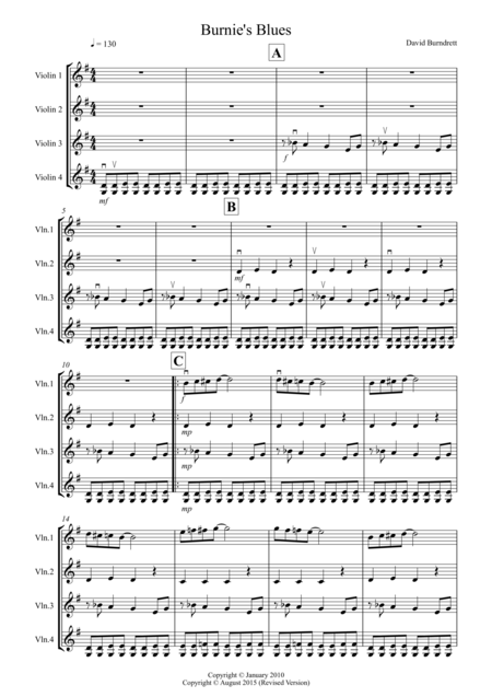 Burnies Blues For Violin Quartet Sheet Music