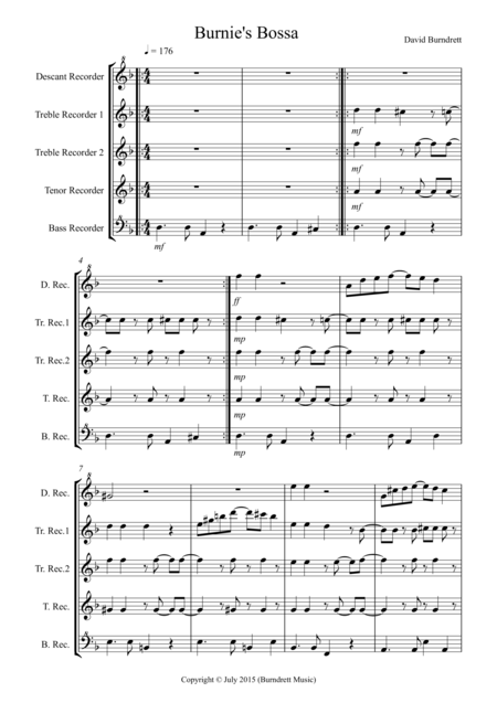 Burnies Bossa For Recorder Quintet Sheet Music