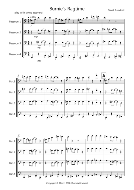 Burnies Ragtime For Bassoon Quartet Sheet Music