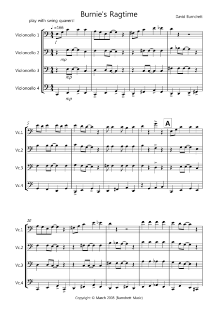 Burnies Ragtime For Cello Quartet Sheet Music