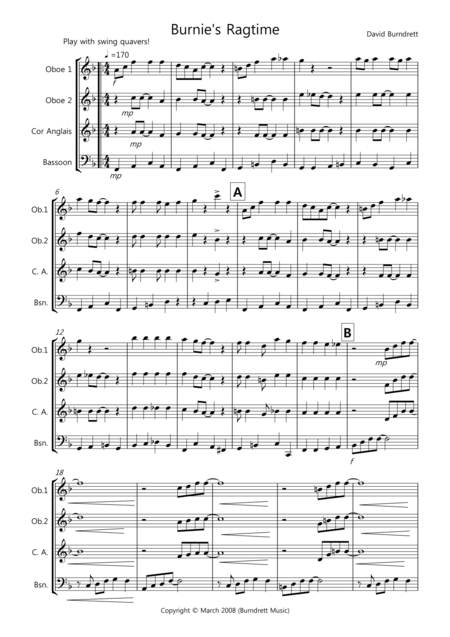 Free Sheet Music Burnies Ragtime For Double Reed Quartet