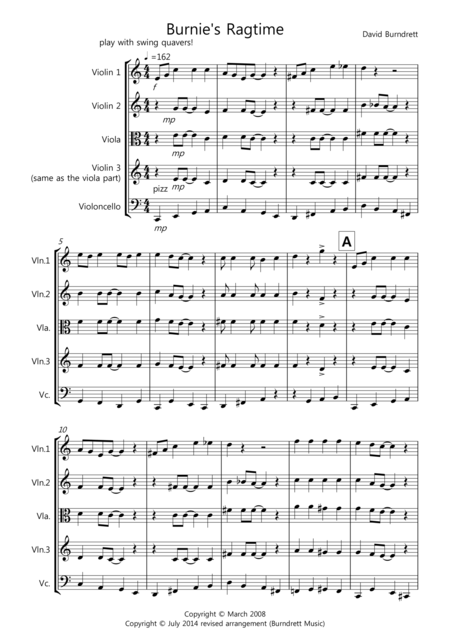 Burnies Ragtime For String Quartet Sheet Music