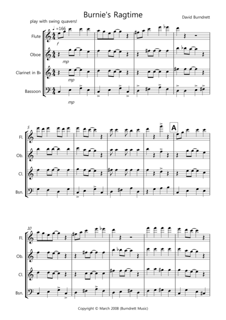 Burnies Ragtime For Wind Quartet Sheet Music