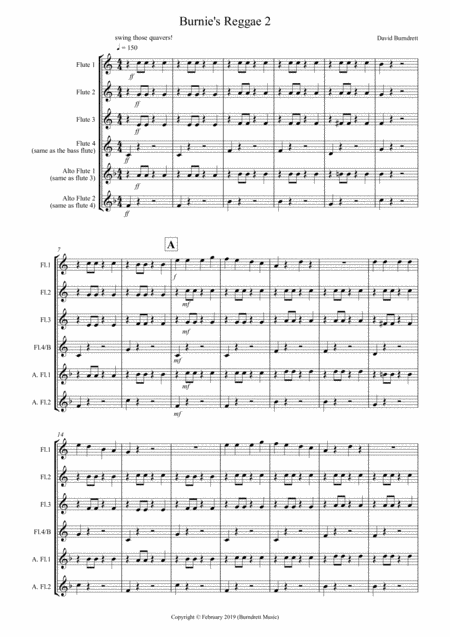 Burnies Reggae 2 For Flute Quartet Sheet Music