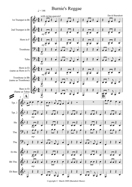 Free Sheet Music Burnies Reggae For Brass Quintet