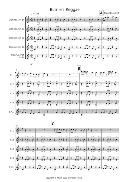 Free Sheet Music Burnies Reggae For Clarinet Quintet