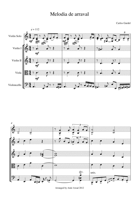 Free Sheet Music C Gardel Melodia Di Arraval Tango For Violin Solo And String Orchestra