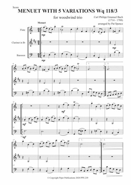 Free Sheet Music C P E Bach Menuet With 5 Variations For Flute Clarinet In Bb Bassoon Or Cello